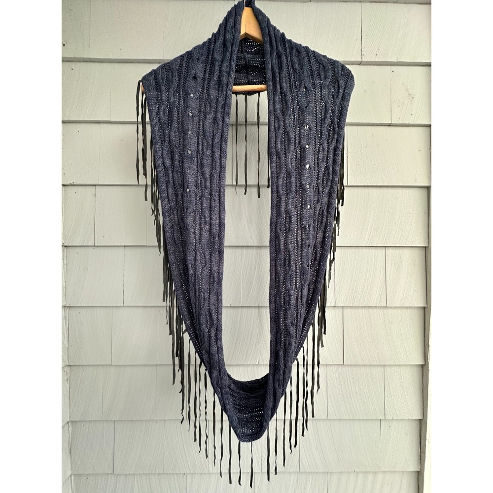 Chan Luu Blue Cable Knit Infinity Scarf Black Fringe Boho Designer
